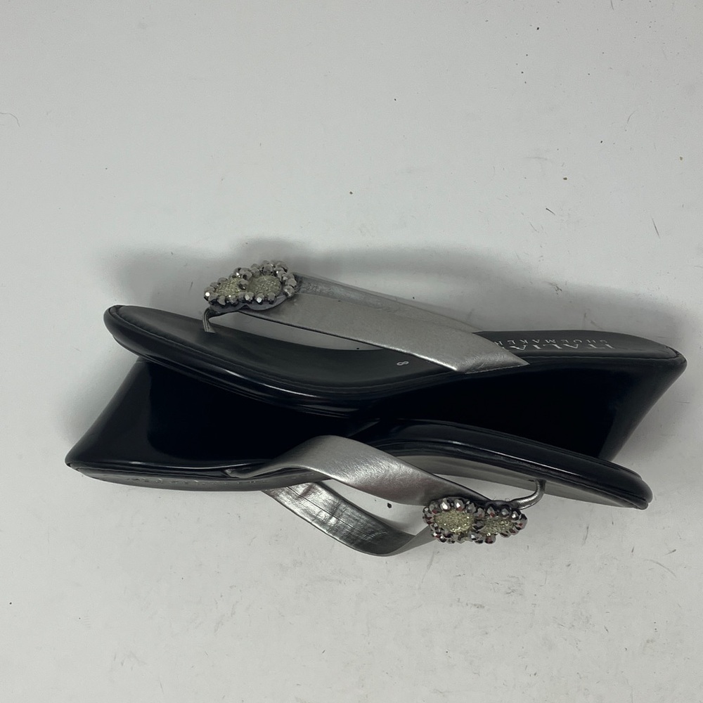 Italian Shoemakers Silver Black Wedge Sandals Size 8 Made in Italy Rhinestone - Picture 11 of 13